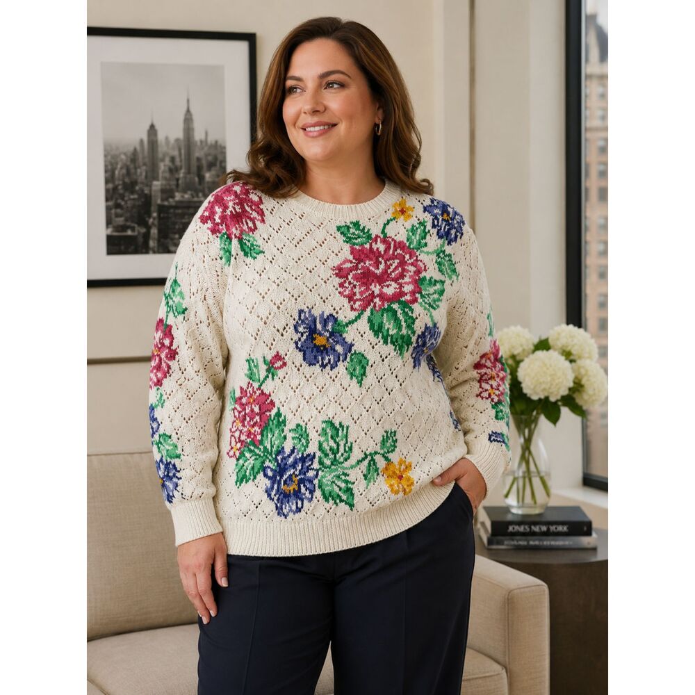 Vintage Jones New York Floral Knit Pullover Sweater Top Women's Plus Size 2X
